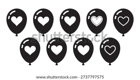 Ten black balloons filled with various white heart designs for anniversary party and romantic event decorations