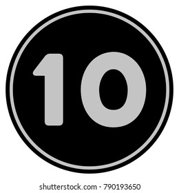 Ten black coin icon. Vector style is a flat coin symbol using black and light gray colors.