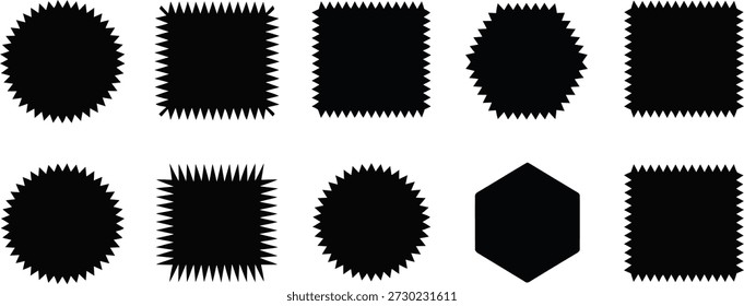 Ten black geometric shapes with sharp, spiky, zig-zag edges, including ovals, rectangles, and a hexagon, isolated on white.