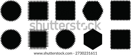 Ten black geometric shapes with sharp, spiky, zig-zag edges, including ovals, rectangles, and a hexagon, isolated on white.