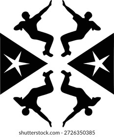 Diez siluetas negras de poses de baile dinámico sobre fondo blanco con estrellas