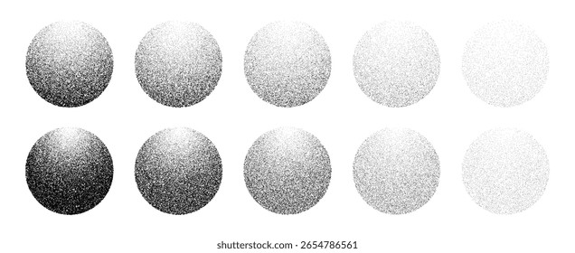 Diez elementos de círculo gradiente punteado negro. Vector de ruido de grano de punto para textura de diseño abstracto. Gráficos dotworks modernos.