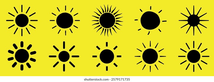 Ten black sun icons on a bright yellow background. Sun icons vary in style. Bold sun icons on yellow. Sun shapes stand out against yellow. Weather icons, isolated vector element set.