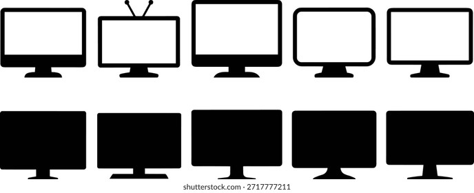 Dez monitores de computador preto e branco em duas fileiras e cinco monitores