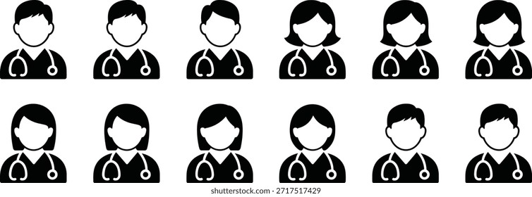 Diez médicos en blanco y negro con estetoscopios