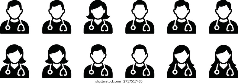 Diez médicos en blanco y negro con estetoscopios médicos
