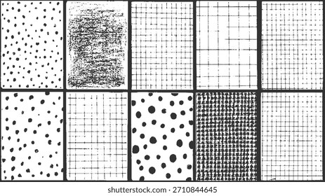Dez padrões gráficos em preto e branco com grades de pontos e retângulos texturizados