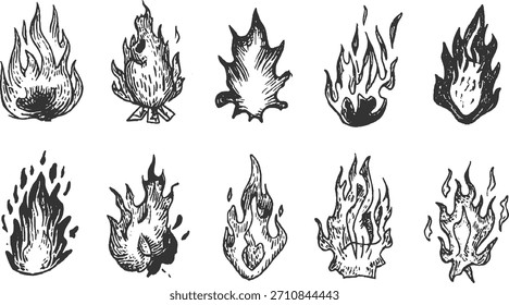 Zehn handgezeichnete Feuerillustrationen in Schwarz und Weiß mit unterschiedlichen Flammenformen und -texturen.