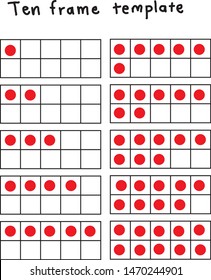 Ten Black And White Templates Of Ten Frame With One To Ten Red Dots For Practicing Basic Math Counting, Addition, Subtraction, Multiplication, Division Up To Ten.