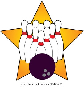 Ten bowling pins and a bowling ball