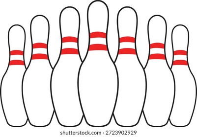 Diez bolos de juego de Ilustración vectorial. Alfileres blancos con rayas rojas en una formación de golpe aislado en blanco. Gráficos deportivos y de Ocio para logotipos de boleras, pósters de torneos y marcas de ligas.