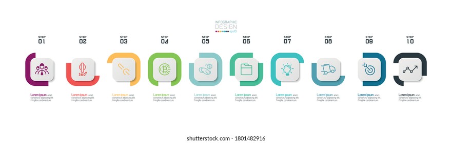 Ten boxes square with rounded corners design of vector use describe various work processes and plans, including reporting results.infographic.