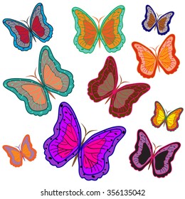 Ten bright motley butterflies. Vector illustration.