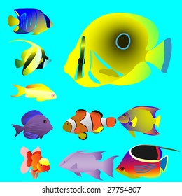 Ten bright oceanic small fishes. Vector. Without mesh.