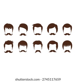 Ten brownhaired men heads with various hairstyles and mustaches silhouette on white background