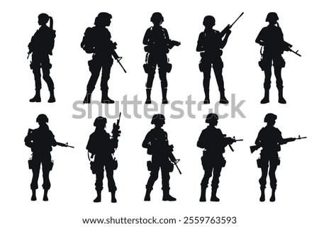 Ten Bundle Female soldier silhouette set vector on a white background