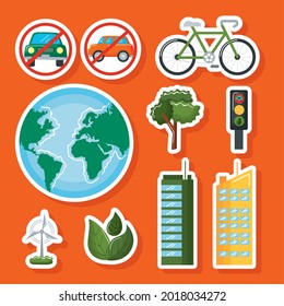 ten car free day set icons