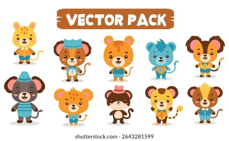 Ten cartoon animals in various colors and outfits, each with a unique design and expressive face, arranged in two rows.