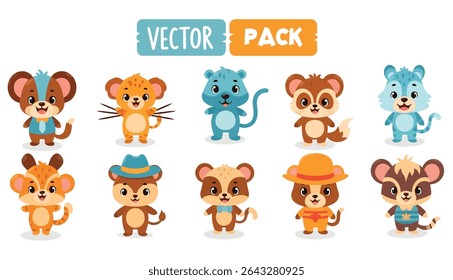 Ten cartoon animals in a vector pack, each with unique colors, outfits, and expressions, creating a playful and engaging collection.