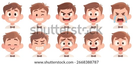 Ten cartoon boy faces showing various emotions: happy, angry, sad, surprised, and crying.