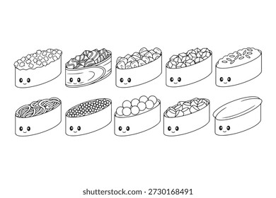 Dez charmosos personagens de sushi com diferentes recheios como ovas e milho em envoltórios de algas.