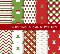 Ten Christmas Different Seamless Patterns. Xmas Endless Texture For Wallpaper, Web Page Background, Wrapping Paper And Etc. Retro Style. Bells, Christmas Trees, Polka Dots And Argyle.