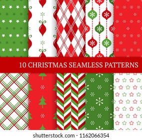 Ten Christmas different seamless patterns. Xmas endless texture for wallpaper, web page background, wrapping paper and etc. Retro style. Snowflakes, argyle, Christmas balls and fir.