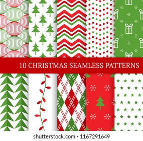 Ten Christmas different seamless patterns. Xmas endless texture for wallpaper, web page background, wrapping paper and etc. Retro style. Snowflakes, argyle, Christmas tree and garland.