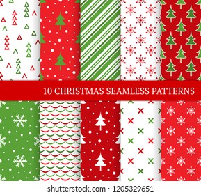 Ten Christmas different seamless patterns. Xmas endless texture for wallpaper, web page background, wrapping paper and etc. Retro style. Snowflake, Christmas tree and abstract ornament