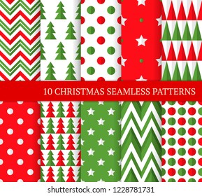 Ten Christmas different seamless patterns. Xmas endless texture for wallpaper, web page background, wrapping paper and etc.  Flat style. Triangles, zigzags, circles, Christmas trees and stars