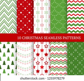 Ten Christmas different seamless patterns. Xmas endless texture for wallpaper, web page background, wrapping paper and etc. Flat style. Stars, zigzags, waves, Christmas trees and snowflakes