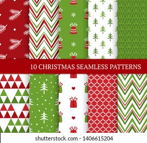 Diez patrones diferentes de Navidad sin fisuras. Xmas textura interminable para papel pintado, fondo de página web, papel envolvente, etc. Estilo retro. Zigzags, campanas, rizos, regalos, ramas de abetos y árboles de Navidad