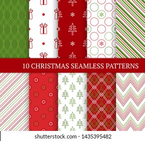 Ten Christmas different seamless patterns. Xmas linear endless textures for wallpaper, web page background, wrapping paper and etc. Retro style. Zigzags, snowflakes, gifts, lines and Christmas trees