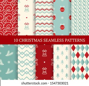 Ten Christmas different seamless patterns. Xmas endless texture for wallpaper, web page background, wrapping paper and etc. Retro style. Waves, curved lines, fir branches, Christmas balls and bells