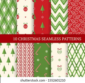 Ten Christmas different seamless patterns. Xmas endless texture for wallpaper, web page background, wrapping paper. Retro style. Waves, zigzags, curved lines, candies, Christmas balls and trees