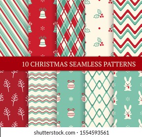 Ten Christmas different seamless patterns. Xmas endless texture for wallpaper, web page background, wrapping paper. Retro style. Waves, zigzags, twigs and berries, bunnies, Christmas balls and bells
