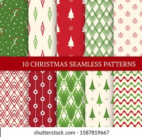 Ten Christmas different seamless patterns. Xmas endless texture for wallpaper, web page background, wrapping paper. Retro style. Waves, branches, Christmas balls and trees