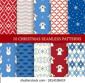 Ten Christmas different seamless patterns. Xmas endless texture for wallpaper, web page background, wrapping paper and etc. Retro style. Snowmen, snowflakes and bunnies 