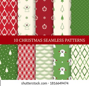 Zehn Weihnachten verschiedene nahtlose Muster. Xmas endlose Textur für Tapete, Web-Hintergrund, Packpapier und etc. Retro-Stil. Schneemann, Schneeflocken und Weihnachtsbäume