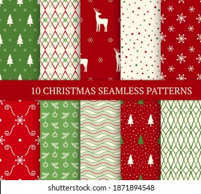 Ten Christmas different seamless patterns. Xmas endless texture for wallpaper, web page background, wrapping paper and etc. Retro style. Deer, snowflakes and Xmas trees