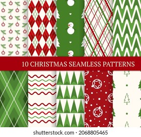 Ten Christmas different seamless patterns. Xmas endless texture for wallpaper, web page background, wrapping paper and etc. Retro style. Snowmen, Xmas trees and lines