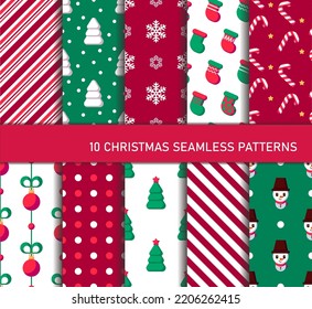 Ten Christmas different seamless patterns. Endless texture for wallpaper, web page background, wrapping paper, etc. Retro style. Christmas tree, ball, socks, lollipops, snowflakes and snowmen.