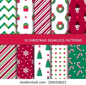 Ten Christmas different seamless patterns. Endless texture for wallpaper, web page background, wrapping paper, etc. Retro style. Christmas tree, gift, lollipop, snowflakes and snowman.