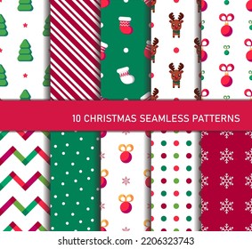 Ten Christmas different seamless patterns. Endless texture for wallpaper, web page background, wrapping paper, etc. Retro style. Christmas tree, star, ball, socks, snowflakes and deer.