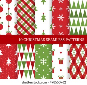 Ten Christmas Different Seamless Patterns. Endless Texture For Wallpaper, Web Page Background, Wrapping Paper And Etc. Retro Style. Christmas Tree, Ball, Snowflakes And Triangles.