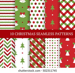 Ten Christmas different seamless patterns. Xmas endless texture for wallpaper, web page background, wrapping paper and etc. Retro style. Bells, christmas trees, polka dots and argyle.