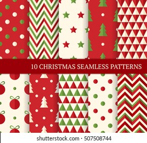 Christmas seamless pattern in white and red traditional colors. Simple  clean monoline illustrations. Wrapping paper design or fabric textile  holidays idea. Christmas tree and snow flakes decoration Stock Vector