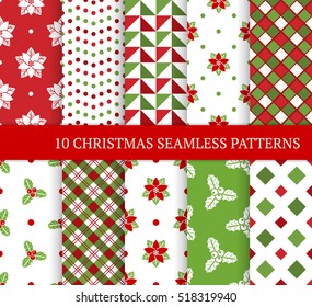 Diez patrones diferentes de Navidad sin fisuras. Xmas textura interminable para papel pintado, fondo de página web, papel envolvente, etc. Estilo retro. Cuadrado, círculo, flor de Navidad y bayas, poinsettia 