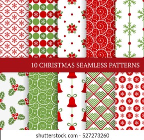 Ten Christmas different seamless patterns. Endless texture for wallpaper, web page background, wrapping paper and etc. Retro style. Circle, snowflakes, xmas holly leaves and berries, poinsettia 