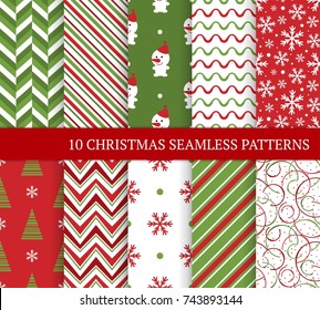 Ten Christmas different seamless patterns. Xmas endless texture for wallpaper, web page background, wrapping paper and etc. Retro style. Snowflakes, zigzag, christmas tree and snowman.